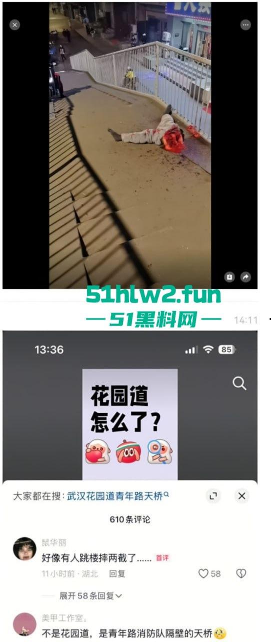 恐怖事件!武汉花园道icc天桥下惊现一具一分为二的碎尸,跳楼自杀撞到栏杆被拦腰切断。-5